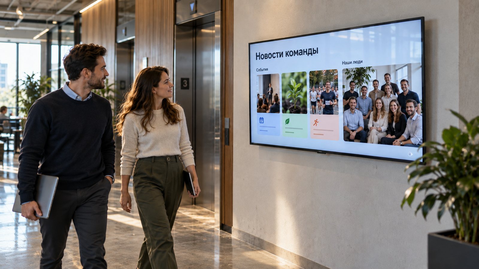 Новости команды на экране в холле офиса