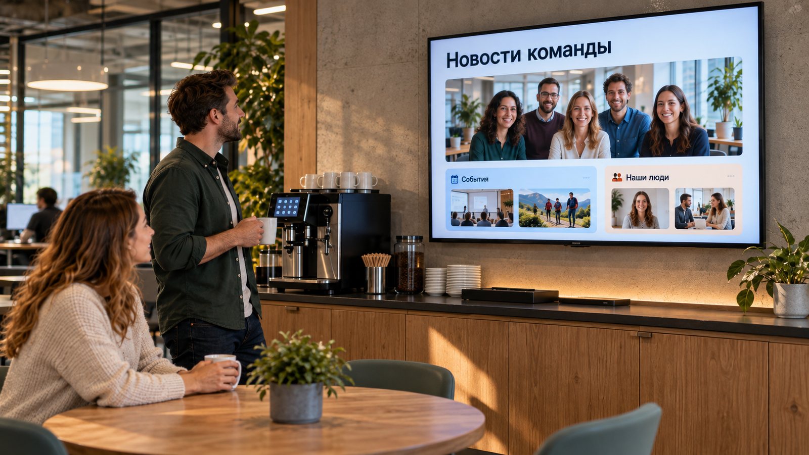 Новости команды на экране в зоне отдыха